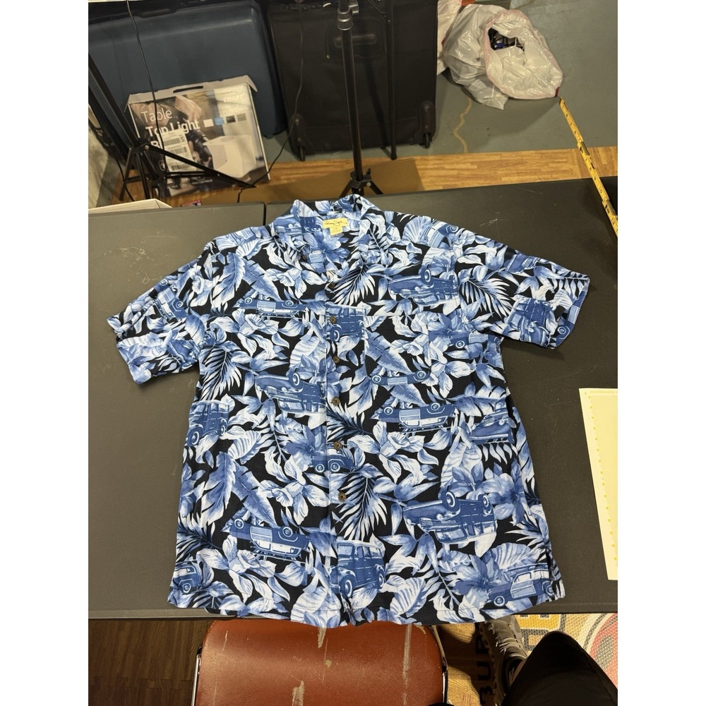 PANAMA JACK Hawaiian Shirt Men's L‎ Blue Short Sleeve Floral Tropical Rayon